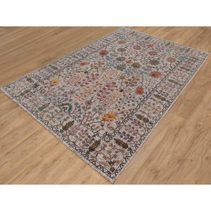 6'2"x9'2" Snow White With Brown, Directional Vase Design, Silk With Textured Wool, Hand Knotted, Oriental Rug FWR551376