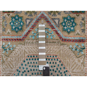 2'6"x10'1" Khaki Brown, Mamluk Design With Geometric Medallions, Hand Knotted, Textured Wool And Silk, Runner, Oriental Rug FWR551382