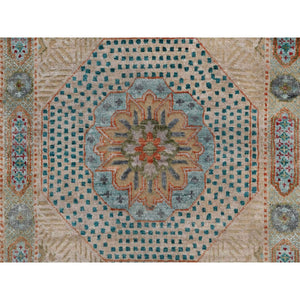 2'6"x10'1" Khaki Brown, Mamluk Design With Geometric Medallions, Hand Knotted, Textured Wool And Silk, Runner, Oriental Rug FWR551382