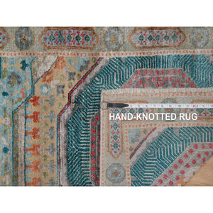 2'6"x10'1" Khaki Brown, Mamluk Design With Geometric Medallions, Hand Knotted, Textured Wool And Silk, Runner, Oriental Rug FWR551382