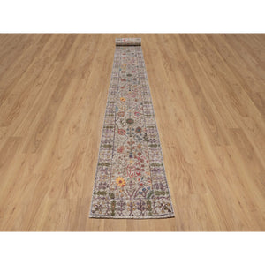 2'7"x27'3" Alabaster White With Brown, Directional Vase Design, Hand Knotted, Silk With Textured Wool, Xl Runner, Oriental Rug FWR551388