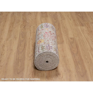 2'7"x27'3" Alabaster White With Brown, Directional Vase Design, Hand Knotted, Silk With Textured Wool, Xl Runner, Oriental Rug FWR551388