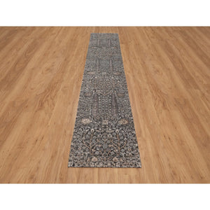 2'4"x12' Bistre Brown, Willow And Cypress Tree Design, Denser Weave, Textured Wool And Silk, Hand Knotted, Runner, Oriental Rug FWR551406