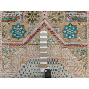 2'7"x12'1" Almond Brown, Hand Knotted, Mamluk Design With Geometric Medallions, Textured Wool And Silk, Runner, Oriental Rug FWR551418