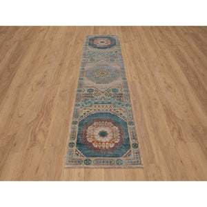 2'7"x10' Khaki Brown, Hand Knotted, Mamluk Design With Geometric Medallions, Textured Wool And Silk, Runner, Oriental Rug FWR551424