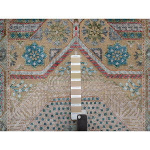 2'7"x10' Khaki Brown, Hand Knotted, Mamluk Design With Geometric Medallions, Textured Wool And Silk, Runner, Oriental Rug FWR551424