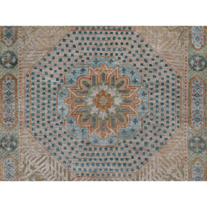 2'7"x10' Khaki Brown, Hand Knotted, Mamluk Design With Geometric Medallions, Textured Wool And Silk, Runner, Oriental Rug FWR551424