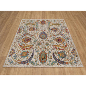 6'x6' Papyrus White, Sickle Leaf Design, Hand Knotted, Silk With Textured Wool, Square, Oriental Rug FWR551454