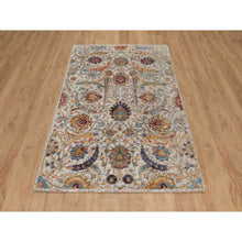 Load image into Gallery viewer, 4&#39;x6&#39; Alabaster White, Colorful Sickle Leaf Design, Hand Knotted, Silk With Textured Wool, Oriental Rug FWR551466