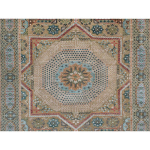 4'1"x6' Khaki Brown, Mamluk Design With Star Medallion, Hand Knotted, Textured Wool And Silk, Oriental Rug FWR551472