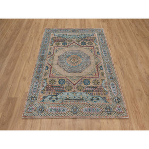4'1"x6' Khaki Brown, Hand Knotted, Mamluk Design With Star Medallion, Textured Wool And Silk, Oriental Rug FWR551478