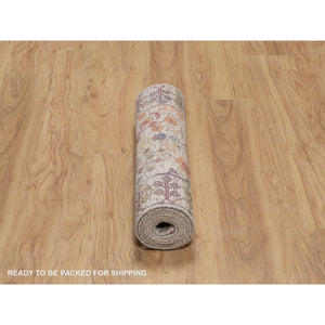 2'7"x8'2" Papyrus White With Brown, Directional Vase Design, Silk With Textured Wool, Hand Knotted, Runner, Oriental Rug FWR551484