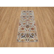 Load image into Gallery viewer, 2&#39;5&quot;x6&#39; Winter White, Silk With Textured Wool, Colorful Sickle Leaf Design, Hand Knotted, Runner, Oriental Rug FWR551490