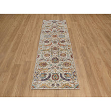 Load image into Gallery viewer, 2&#39;7&quot;x8&#39;1&quot; Snow White, Colorful Sickle Leaf Design, Hand Knotted, Silk With Textured Wool, Runner, Oriental Rug FWR551496