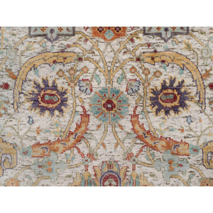2'7"x8'1" Snow White, Colorful Sickle Leaf Design, Hand Knotted, Silk With Textured Wool, Runner, Oriental Rug FWR551496