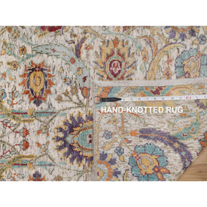 2'7"x8'1" Snow White, Colorful Sickle Leaf Design, Hand Knotted, Silk With Textured Wool, Runner, Oriental Rug FWR551496