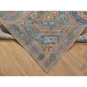9'1"x12'2" Dark Vanilla Brown, Mamluk Design With Geometric Medallion, Textured Wool And Silk, Hand Knotted, Oriental Rug FWR551502