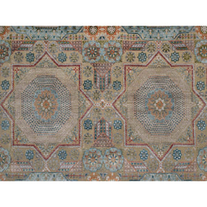 9'1"x12'2" Dark Vanilla Brown, Mamluk Design With Geometric Medallion, Textured Wool And Silk, Hand Knotted, Oriental Rug FWR551502