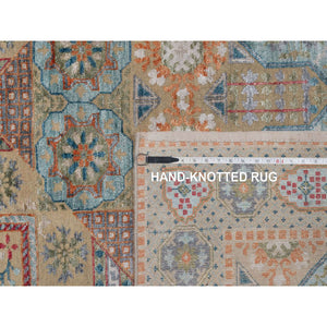 9'1"x12'2" Dark Vanilla Brown, Mamluk Design With Geometric Medallion, Textured Wool And Silk, Hand Knotted, Oriental Rug FWR551502