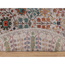 Load image into Gallery viewer, 7&#39;10&quot;x7&#39;10&quot; Snow White With Brown, Directional Vase Design, Hand Knotted, Silk With Textured Wool, Round, Oriental Rug FWR551514