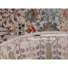 Load image into Gallery viewer, 7&#39;10&quot;x7&#39;10&quot; Snow White With Brown, Directional Vase Design, Hand Knotted, Silk With Textured Wool, Round, Oriental Rug FWR551514