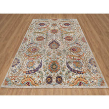 Load image into Gallery viewer, 7&#39;10&quot;x10&#39; Alabaster White, Silk With Textured Wool, Colorful Sickle Leaf Design, Hand Knotted, Oriental Rug FWR551532