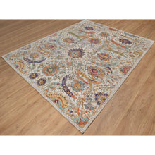 Load image into Gallery viewer, 7&#39;10&quot;x10&#39; Alabaster White, Silk With Textured Wool, Colorful Sickle Leaf Design, Hand Knotted, Oriental Rug FWR551532