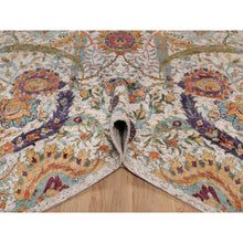 Load image into Gallery viewer, 7&#39;10&quot;x10&#39; Alabaster White, Silk With Textured Wool, Colorful Sickle Leaf Design, Hand Knotted, Oriental Rug FWR551532