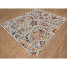 Load image into Gallery viewer, 8&#39;x10&#39; Papyrus White, Silk With Textured Wool, Colorful Sickle Leaf Design, Hand Knotted, Oriental Rug FWR551538