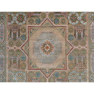 6'3"x9' Almond Brown, Hand Knotted, Mamluk Design With Star Medallion, Textured Wool And Silk, Oriental Rug FWR551544