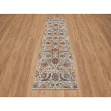 Load image into Gallery viewer, 2&#39;7&quot;x10&#39; Alabaster White, Colorful Sickle Leaf Design, Hand Knotted, Silk With Textured Wool, Runner, Oriental Rug FWR551550