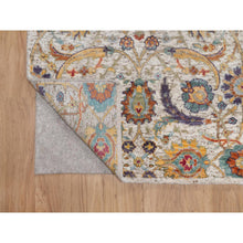 Load image into Gallery viewer, 2&#39;7&quot;x10&#39; Alabaster White, Colorful Sickle Leaf Design, Hand Knotted, Silk With Textured Wool, Runner, Oriental Rug FWR551550