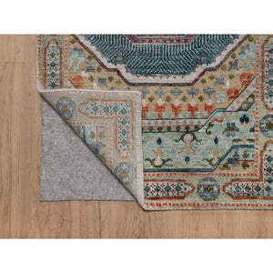 2'6"x12' Khaki Brown, Mamluk Design With Geometric Medallions, Textured Wool And Silk, Hand Knotted, Runner, Oriental Rug FWR551556