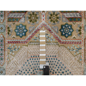 2'6"x12' Khaki Brown, Mamluk Design With Geometric Medallions, Textured Wool And Silk, Hand Knotted, Runner, Oriental Rug FWR551556