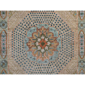 2'6"x12' Khaki Brown, Mamluk Design With Geometric Medallions, Textured Wool And Silk, Hand Knotted, Runner, Oriental Rug FWR551556
