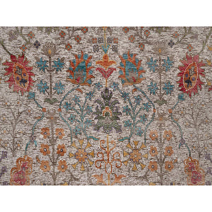 6'x9' Alabaster White With Brown, Directional Vase Design, Hand Knotted, Silk With Textured Wool, Oriental Rug FWR551562