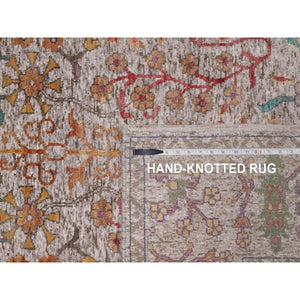 6'x9' Alabaster White With Brown, Directional Vase Design, Hand Knotted, Silk With Textured Wool, Oriental Rug FWR551562