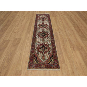 2'5"x10'1" Pearl White, Antiqued Fine Heriz Re-creation, Medallion Design, Hand Knotted, Hand Spun New Zealand Wool, Soft Pile, Vegetable Dyes, Runner, Oriental Rug FWR551568