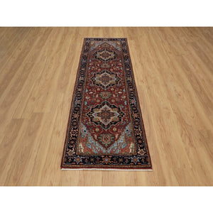 2'8"x8'1" Berry Red, Hand Spun New Zealand Wool, Soft Pile, Vegetable Dyes, Antiqued Fine Heriz Re-creation, Medallions Design, Hand Knotted, Runner, Oriental Rug FWR551574