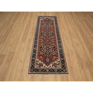 2'7"x8'2" Maroon Red, Hand Knotted, Hand Spun New Zealand Wool, Soft Pile, Vegetable Dyes, Antiqued Fine Heriz Re-creation, Medallions Design, Runner, Oriental Rug FWR551592