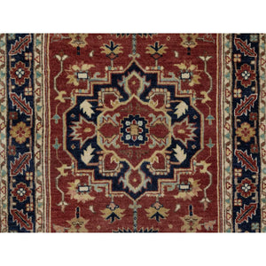 2'7"x8'2" Maroon Red, Hand Knotted, Hand Spun New Zealand Wool, Soft Pile, Vegetable Dyes, Antiqued Fine Heriz Re-creation, Medallions Design, Runner, Oriental Rug FWR551592