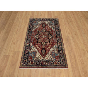 3'x5' Berry Red, Hand Knotted, Hand Spun New Zealand Wool, Soft Pile, Vegetable Dyes, Antiqued Fine Heriz Re-creation, Medallion Design, Oriental Rug FWR551628