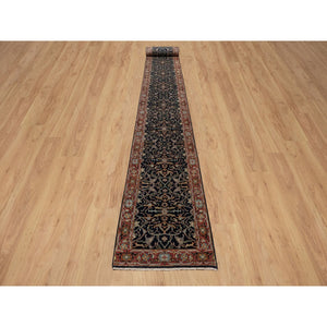 2'8"x28' Navy Blue, Hand Knotted, Hand Spun New Zealand Wool, Soft Pile, Vegetable Dyes, Antiqued Fine Heriz Re-creation, All Over Design, Xl Runner, Oriental Rug FWR551646