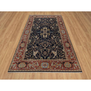 6'x9'3" Braves Navy Blue, Hand Knotted, Hand Spun New Zealand Wool, Soft Pile, Vegetable Dyes, Antiqued Fine Heriz Re-creation, All Over Design, Oriental Rug FWR551652