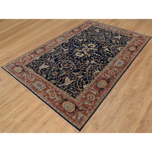 6'x9'3" Braves Navy Blue, Hand Knotted, Hand Spun New Zealand Wool, Soft Pile, Vegetable Dyes, Antiqued Fine Heriz Re-creation, All Over Design, Oriental Rug FWR551652