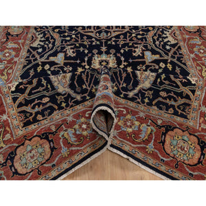 6'x9'3" Braves Navy Blue, Hand Knotted, Hand Spun New Zealand Wool, Soft Pile, Vegetable Dyes, Antiqued Fine Heriz Re-creation, All Over Design, Oriental Rug FWR551652