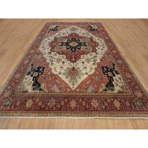 11'10"x15'3" Cream White, Hand Knotted, Hand Spun New Zealand Wool, Soft Pile, Vegetable Dyes, Antiqued Fine Heriz Re-creation, Medallion Design, Oversized, Xl, Oriental Rug FWR551682