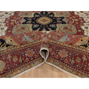 11'10"x15'3" Cream White, Hand Knotted, Hand Spun New Zealand Wool, Soft Pile, Vegetable Dyes, Antiqued Fine Heriz Re-creation, Medallion Design, Oversized, Xl, Oriental Rug FWR551682