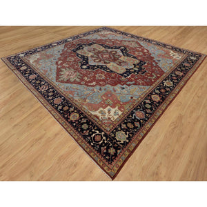14'2"x14'2" Brick Red, Hand Knotted, Hand Spun New Zealand Wool, Soft Pile, Vegetable Dyes, Antiqued Fine Heriz Re-creation, Medallion Design, Square, Oriental Rug FWR551688