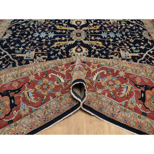 11'10"x15'1" Midnight Blue, Hand Spun New Zealand Wool, Soft Pile, Vegetable Dyes, Antiqued Fine Heriz Re-creation, All Over Design, Hand Knotted, Oversized, Xl, Oriental Rug FWR551712